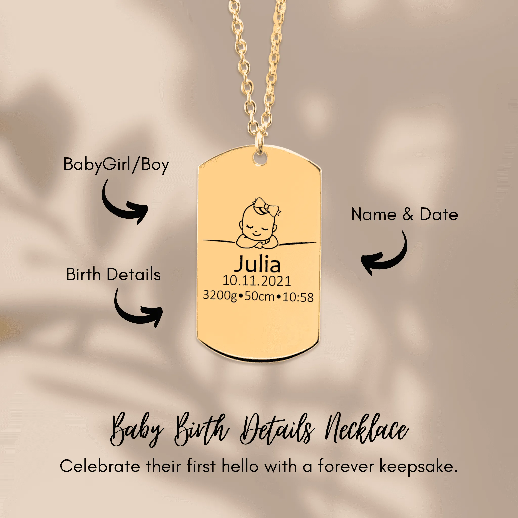 Engrave Custom Birth Details Tag – Personalized Jewelry with Baby's Name, Birthdate, Weight, and Time for New Parents or Baby Keepsake