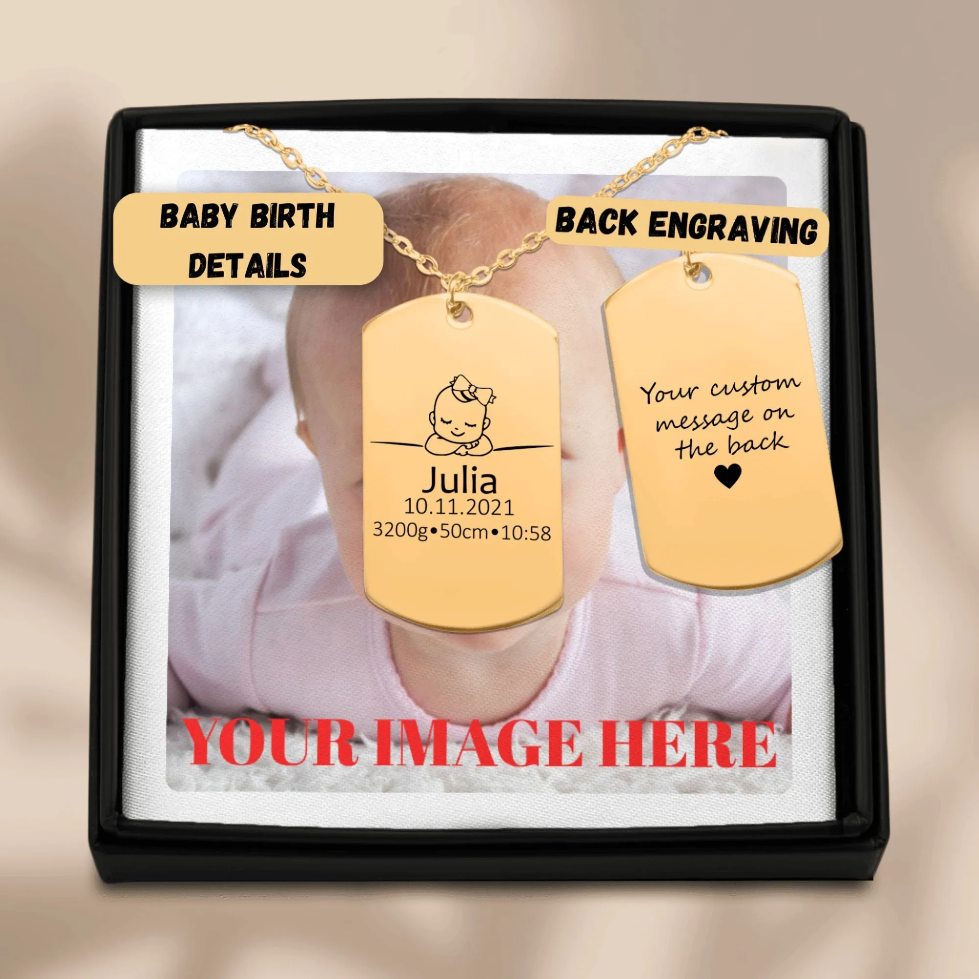 Engrave Custom Birth Details Tag – Personalized Jewelry with Baby's Name, Birthdate, Weight, and Time for New Parents or Baby Keepsake