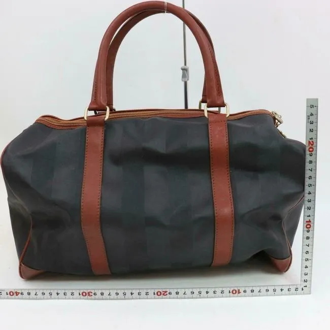 Fendi Early Pequin Black Wide Stripe Print Coated Canvas And Pecan Colored Leather Satchel