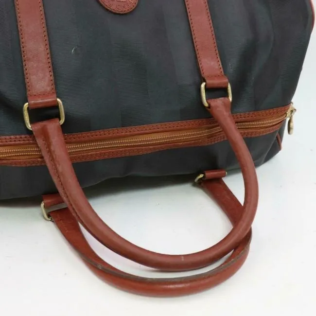 Fendi Early Pequin Black Wide Stripe Print Coated Canvas And Pecan Colored Leather Satchel
