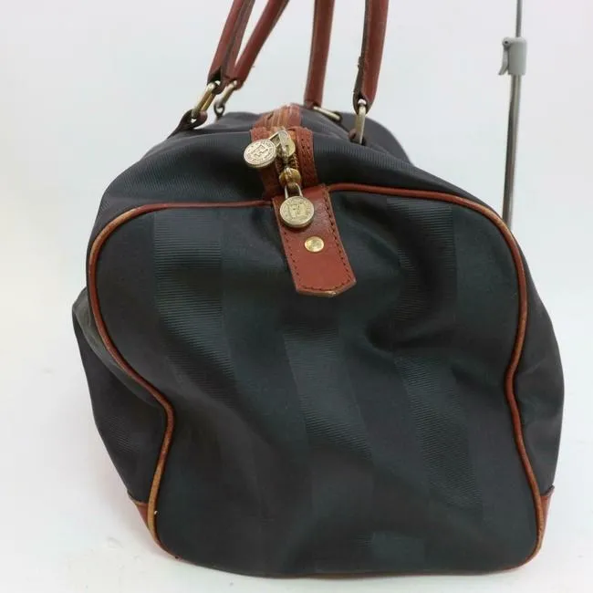 Fendi Early Pequin Black Wide Stripe Print Coated Canvas And Pecan Colored Leather Satchel