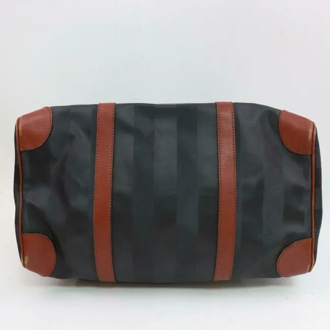 Fendi Early Pequin Black Wide Stripe Print Coated Canvas And Pecan Colored Leather Satchel