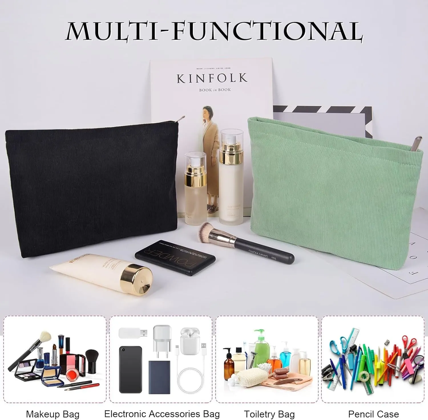 FITDON 2PCS Cosmetic Bags for Women Makeup Bag for Purse Small Corduroy Makeup Pouch Travel Make up Bag with Zipper Toiletry Bag Organizer, Black