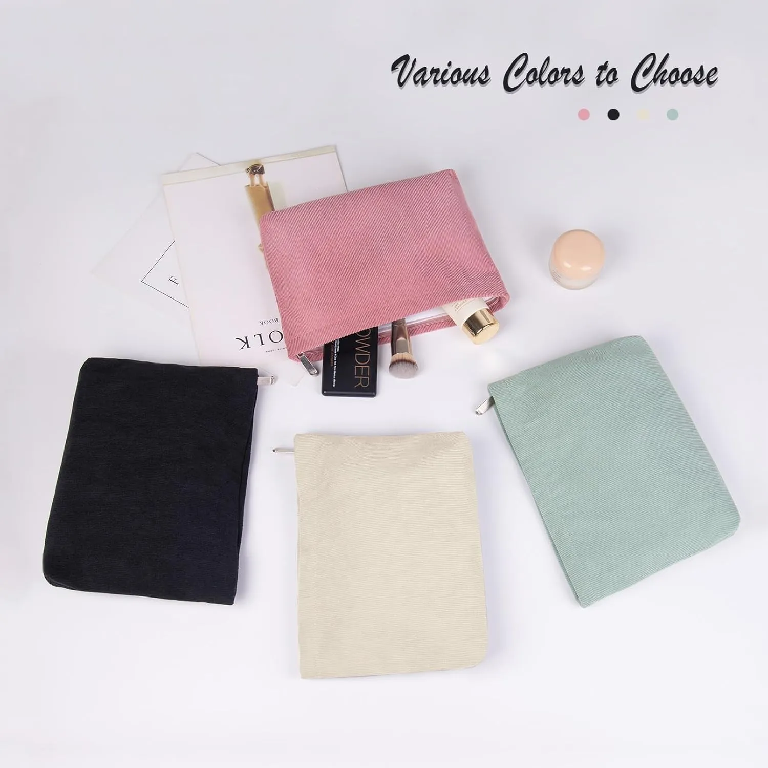 FITDON 2PCS Cosmetic Bags for Women Makeup Bag for Purse Small Corduroy Makeup Pouch Travel Make up Bag with Zipper Toiletry Bag Organizer, Black