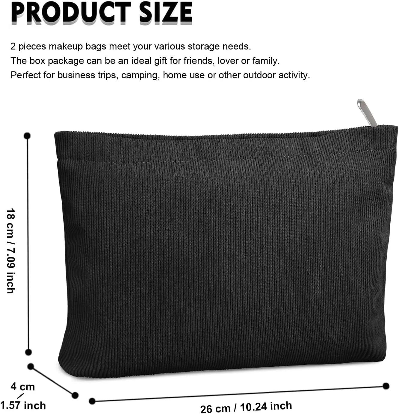 FITDON 2PCS Cosmetic Bags for Women Makeup Bag for Purse Small Corduroy Makeup Pouch Travel Make up Bag with Zipper Toiletry Bag Organizer, Black