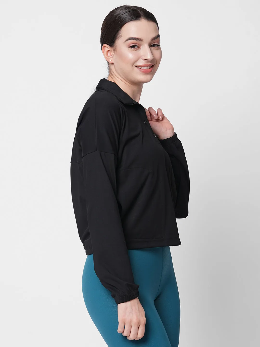 Fitkin women black polo neck tshirt with front button opening