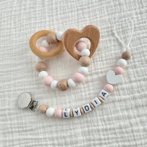 Gift Set | Pacifier Clip/Rattle | Personalized | Heart Lydia