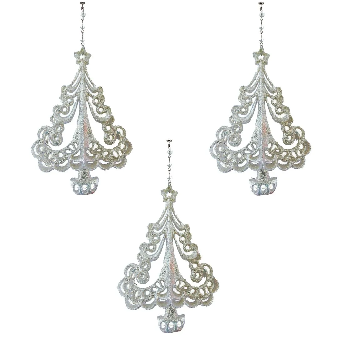GLITTER SILVER XMAS TREE (Set/3) MAGNETIC CHANDELIER ORNAMENT
