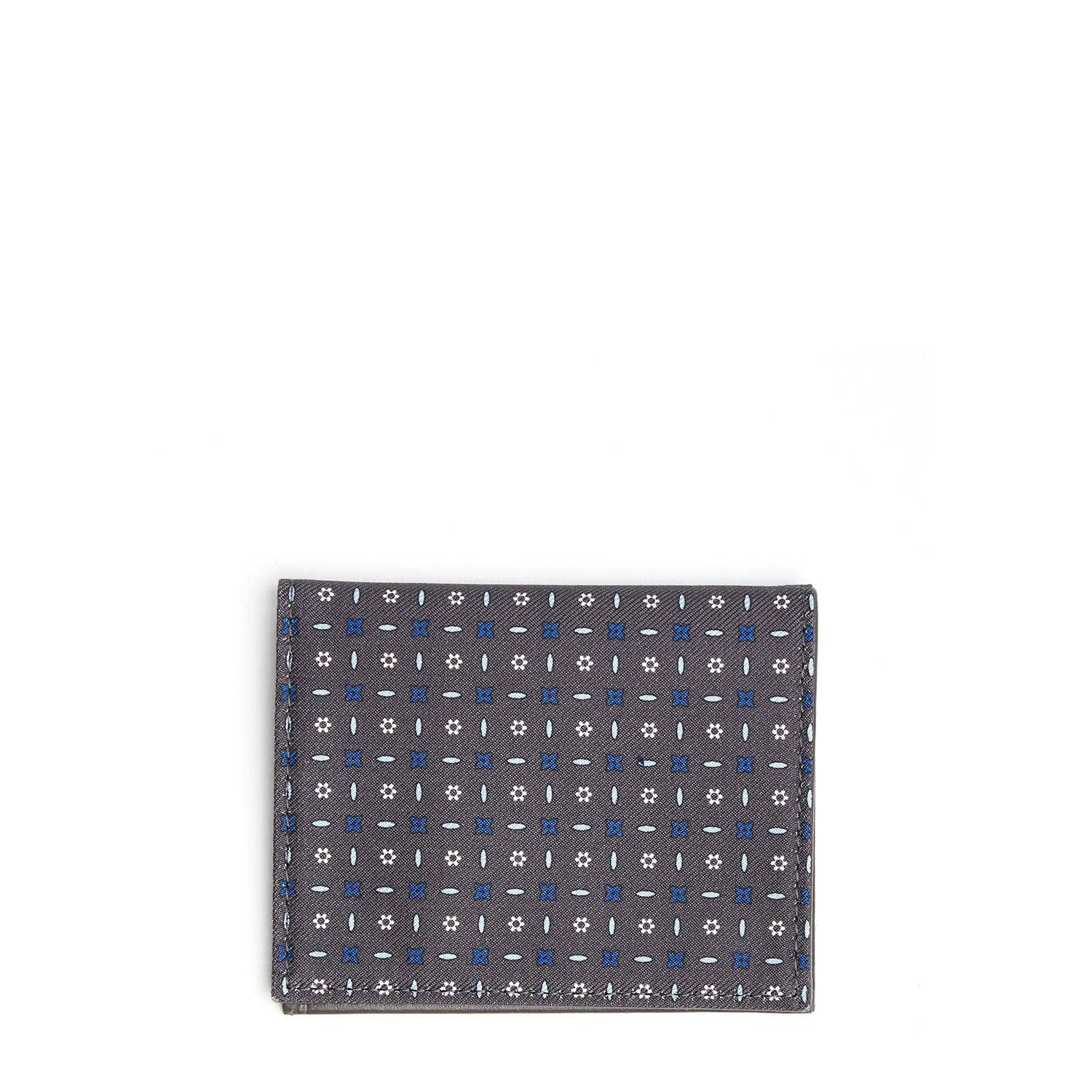 GREY LEATHER AND SILK FOLDING CARD HOLDER