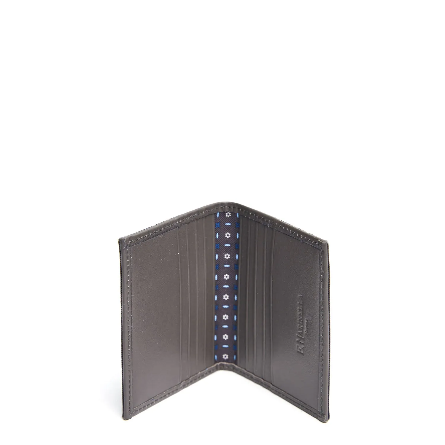 GREY LEATHER AND SILK FOLDING CARD HOLDER