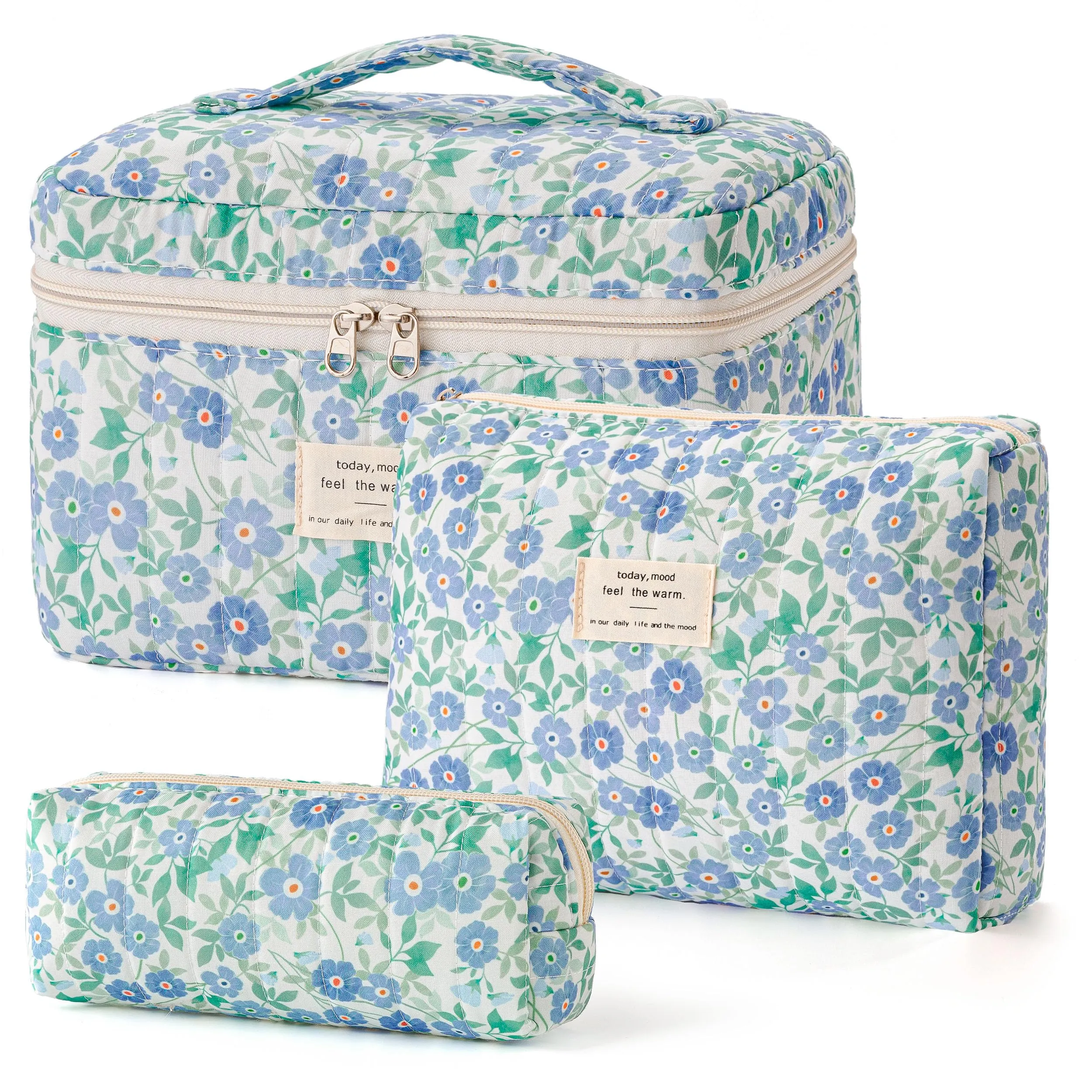 HBselect Quilted Makeup Bag, 3PCS Cotton Large Travel Makeup Bag, Cute Floral Coquette Make up Bag Cosmetic Bag Toiletry Bag for Women Girls
