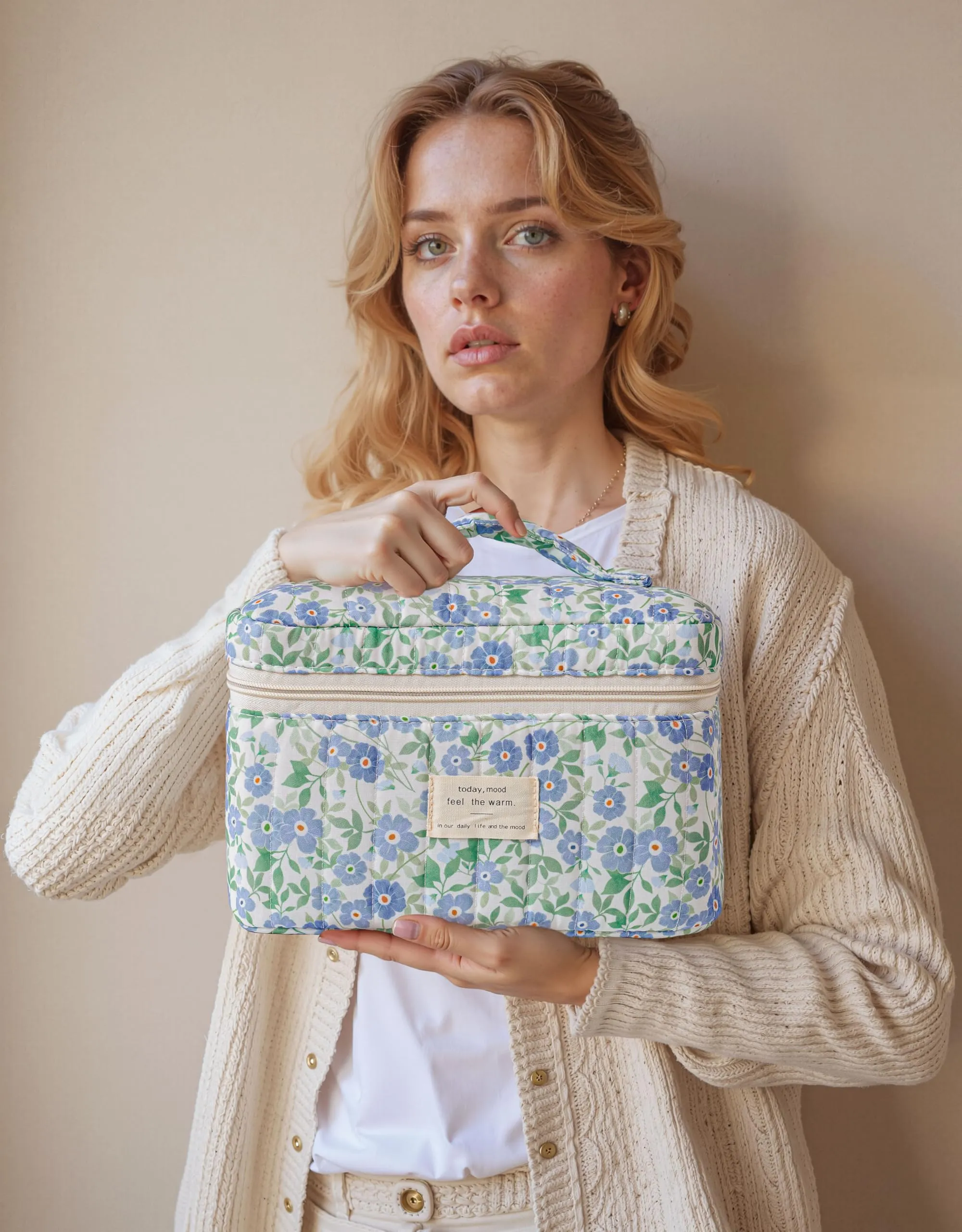 HBselect Quilted Makeup Bag, 3PCS Cotton Large Travel Makeup Bag, Cute Floral Coquette Make up Bag Cosmetic Bag Toiletry Bag for Women Girls