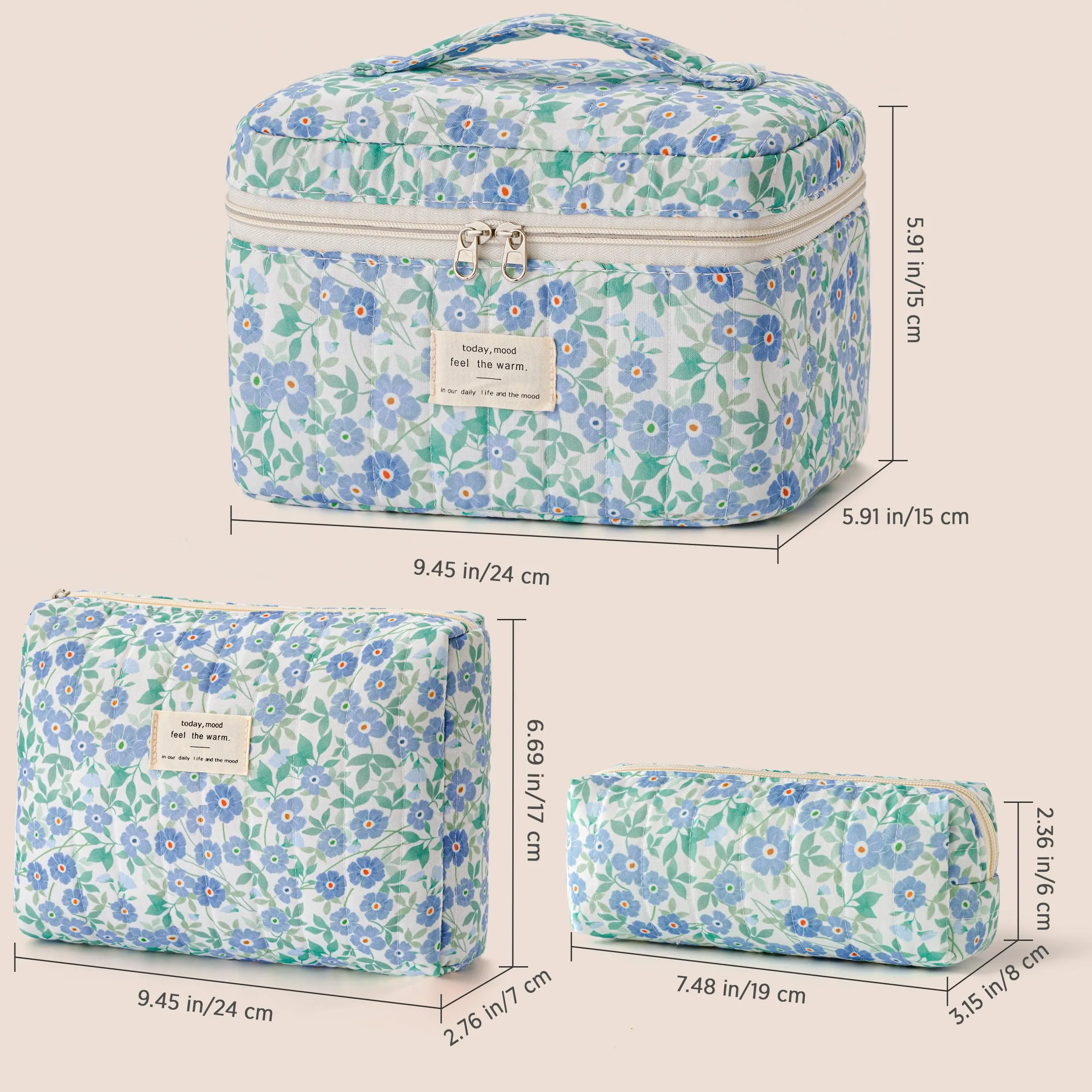 HBselect Quilted Makeup Bag, 3PCS Cotton Large Travel Makeup Bag, Cute Floral Coquette Make up Bag Cosmetic Bag Toiletry Bag for Women Girls