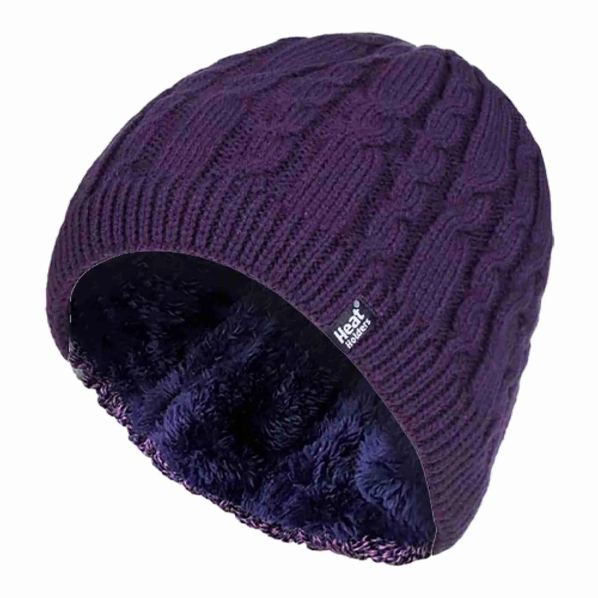 Ladies Cable Knit Fleece Lined Knitted Thermal Beanie Hat