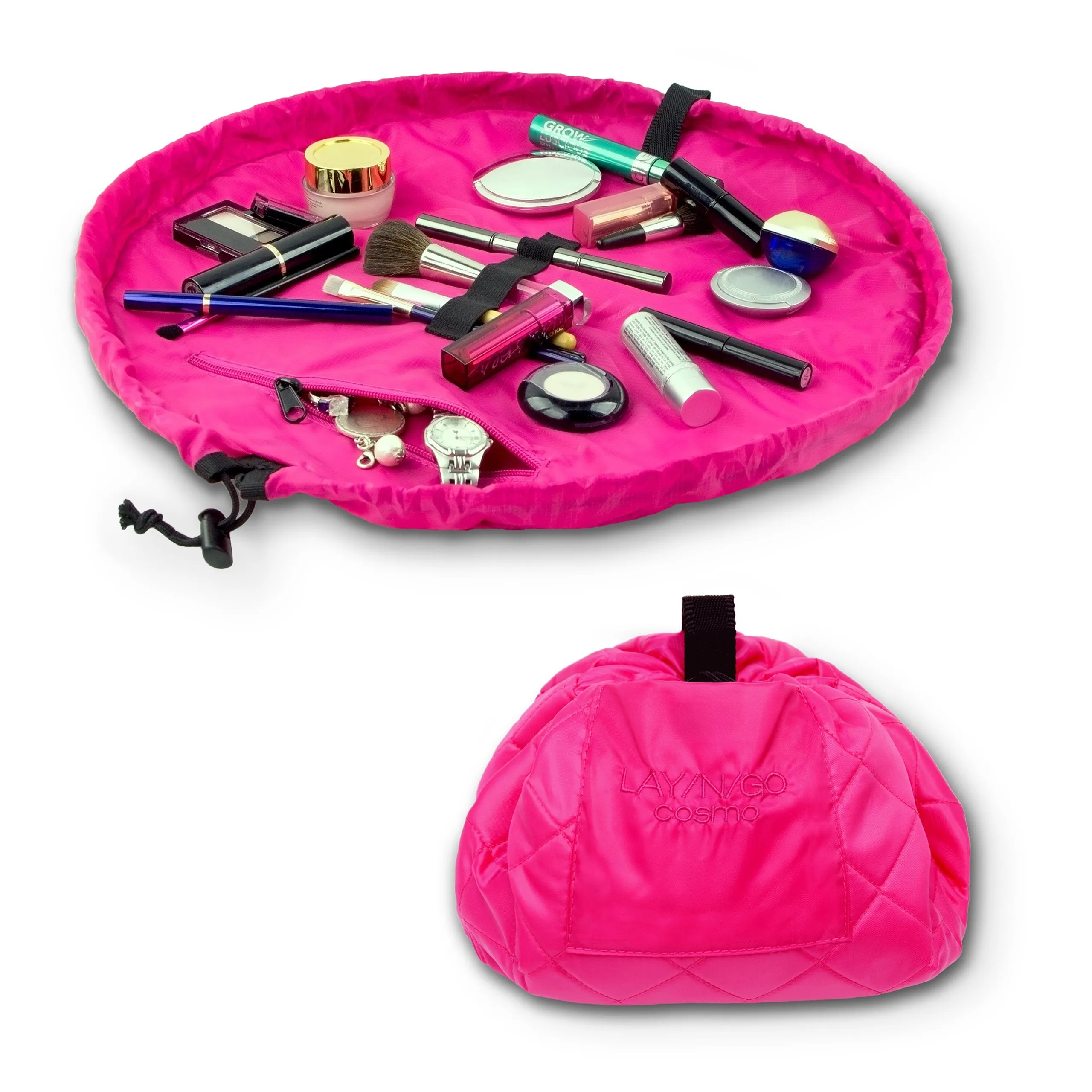 Lay-n-Go Cosmo Drawstring Cosmetic & Makeup Bag Organizer - Portable Drawstring Makeup Bag w/Zipper Pocket, Makeup Loops & More - Durable, Machine Washable Makeup Bag for Travel (20”, Pink)