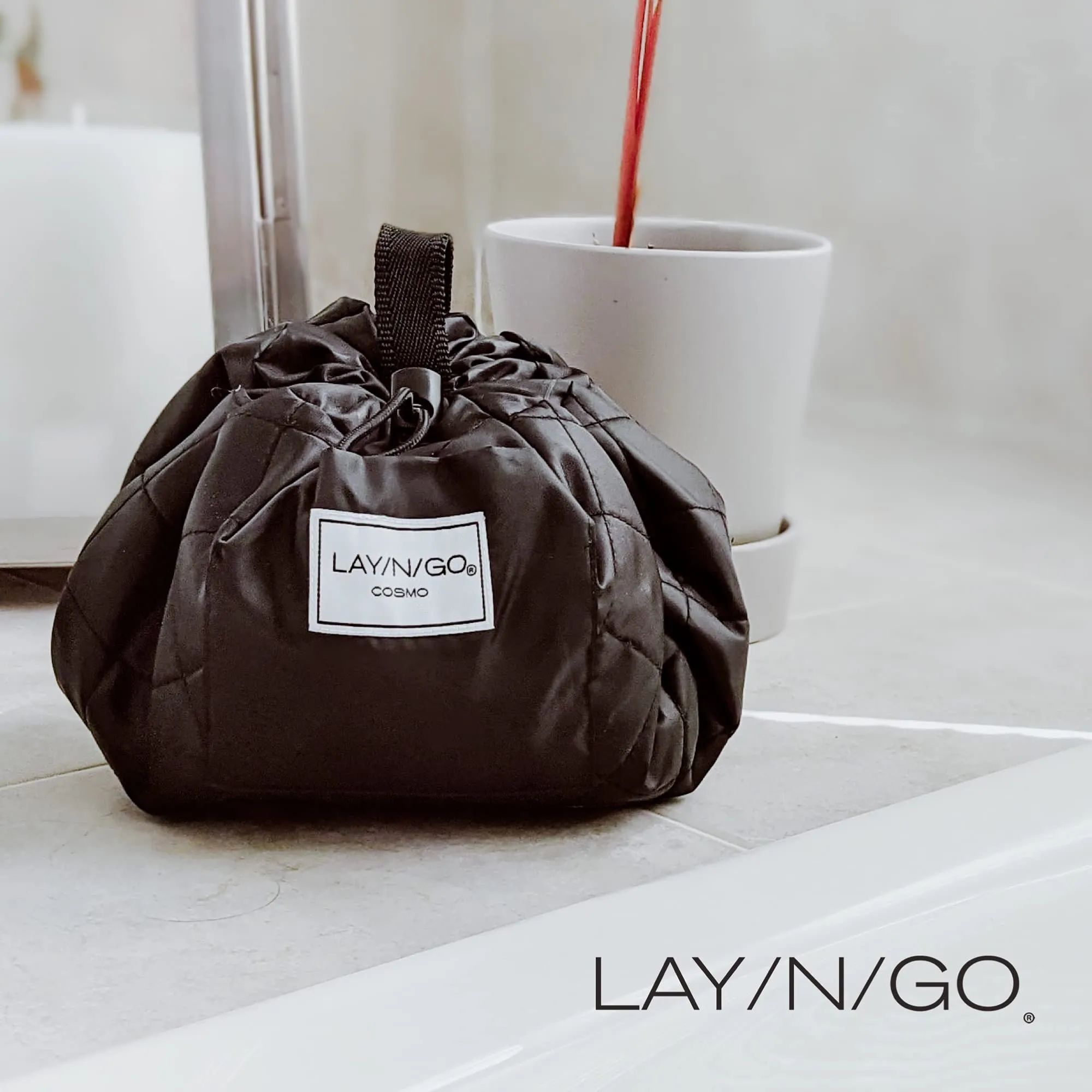 Lay-n-Go Cosmo Drawstring Cosmetic & Makeup Bag Organizer - Portable Drawstring Makeup Bag w/Zipper Pocket, Makeup Loops & More - Durable, Machine Washable Makeup Bag for Travel (20”, Pink)