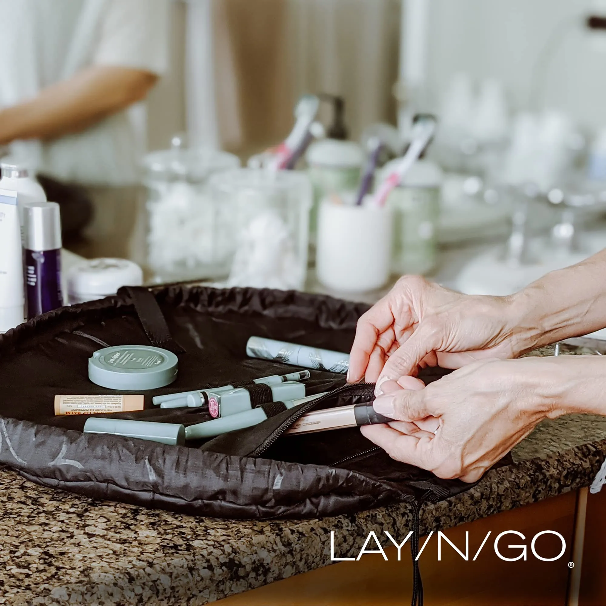Lay-n-Go Cosmo Drawstring Cosmetic & Makeup Bag Organizer - Portable Drawstring Makeup Bag w/Zipper Pocket, Makeup Loops & More - Durable, Machine Washable Makeup Bag for Travel (20”, Pink)