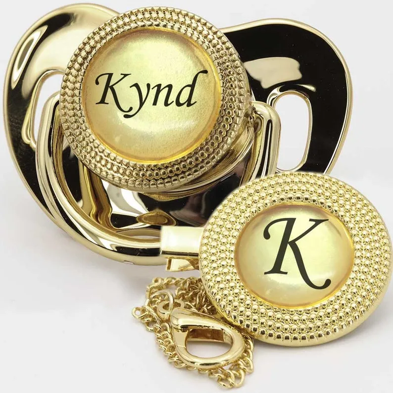 Metallic Gold and Silver Color Custom Pacifier with Personalized Baby Name Gift Set with Clip Without Crystals