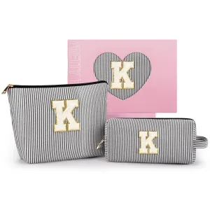 mibasies 2 PCS Initial Makeup Bags for Women: Cosmetic Bag for Travel Toiletry -Easter Basket Essentials - Gifts for 11 12 13 14 15 16 17 18 Years Old Girl Gift Teen Girl Gifts Trendy Stuff - Black K