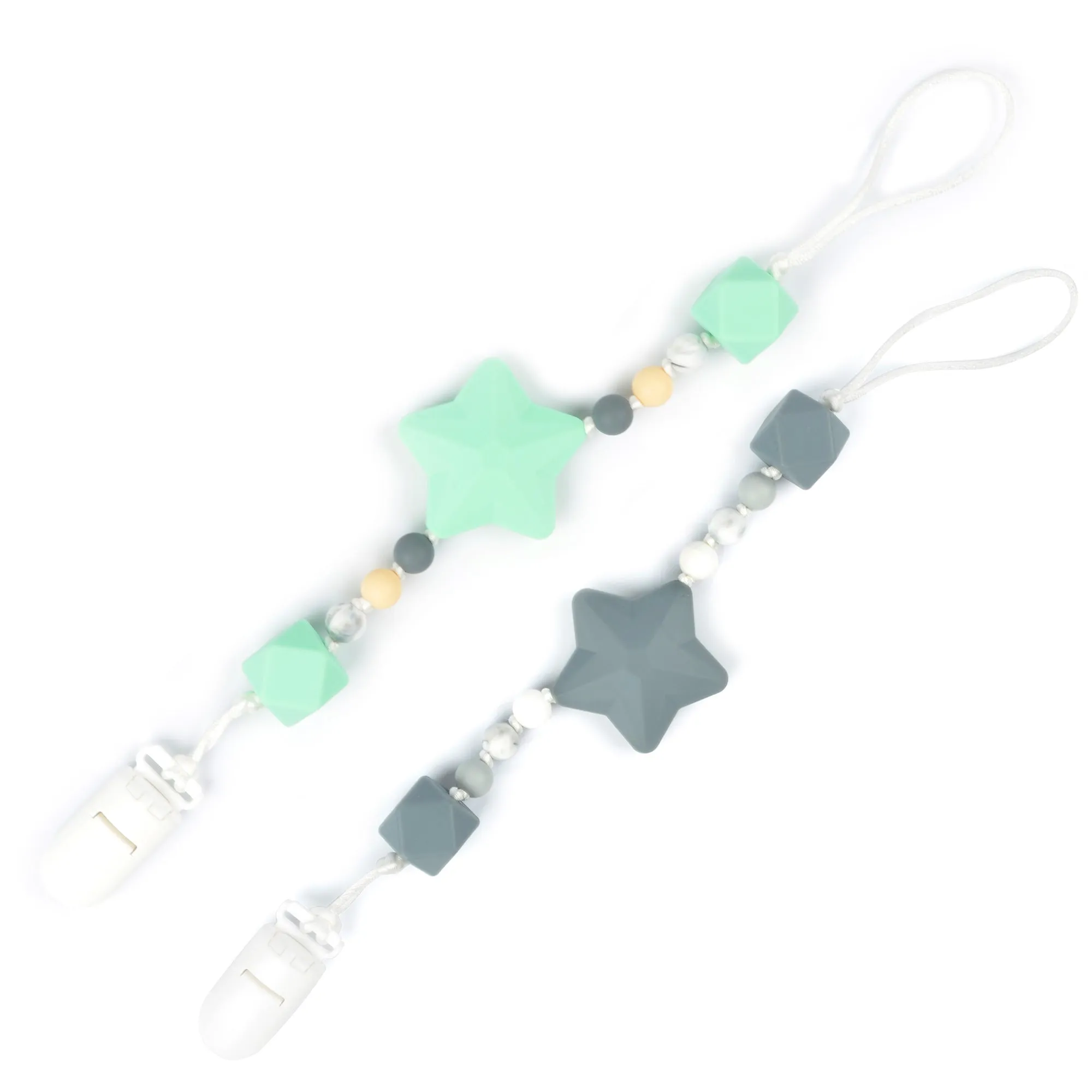 Mint & Gray Stars Pacifier Clip 2pk