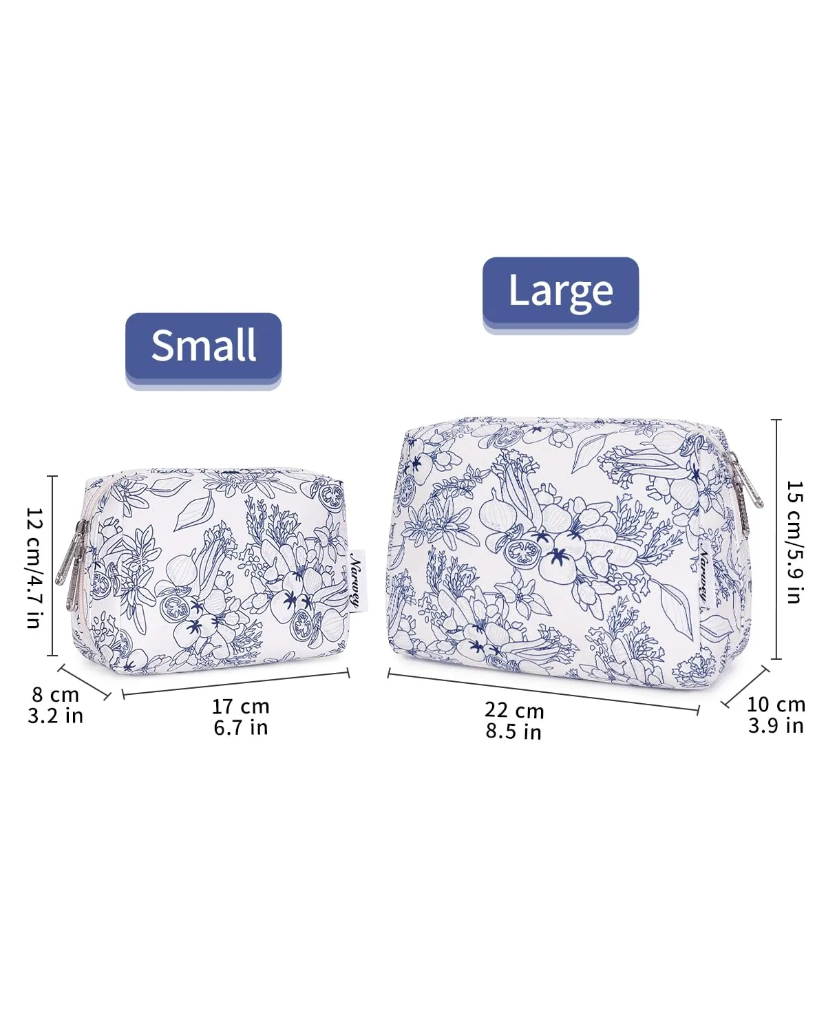 Narwey Cute Floral Makeup Bag Travel Cosmetic Bag Organizer Toiletry Bag Make Up Bags with Organized Pocket for Women Girls (Large,Navy Blue Flower)