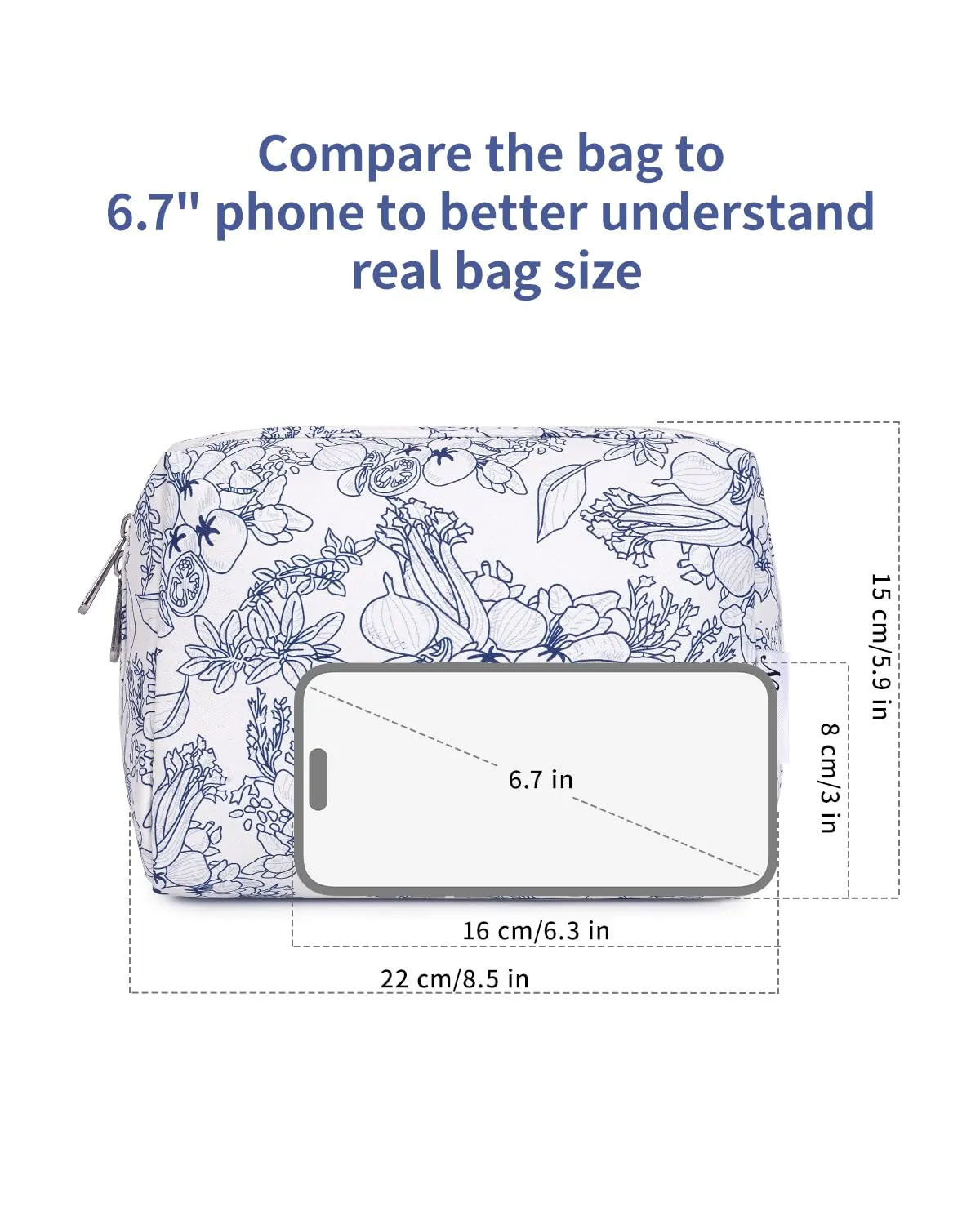 Narwey Cute Floral Makeup Bag Travel Cosmetic Bag Organizer Toiletry Bag Make Up Bags with Organized Pocket for Women Girls (Large,Navy Blue Flower)