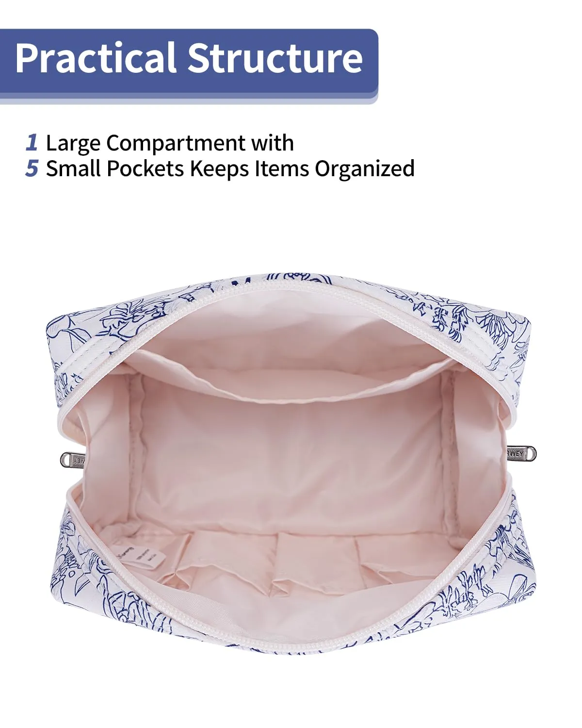Narwey Cute Floral Makeup Bag Travel Cosmetic Bag Organizer Toiletry Bag Make Up Bags with Organized Pocket for Women Girls (Large,Navy Blue Flower)