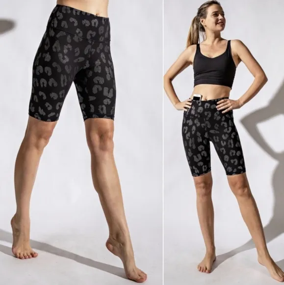 ONE Pair! Black High Waisted Bike Shorts w/Beautiful Shiny Silver Leopard Print