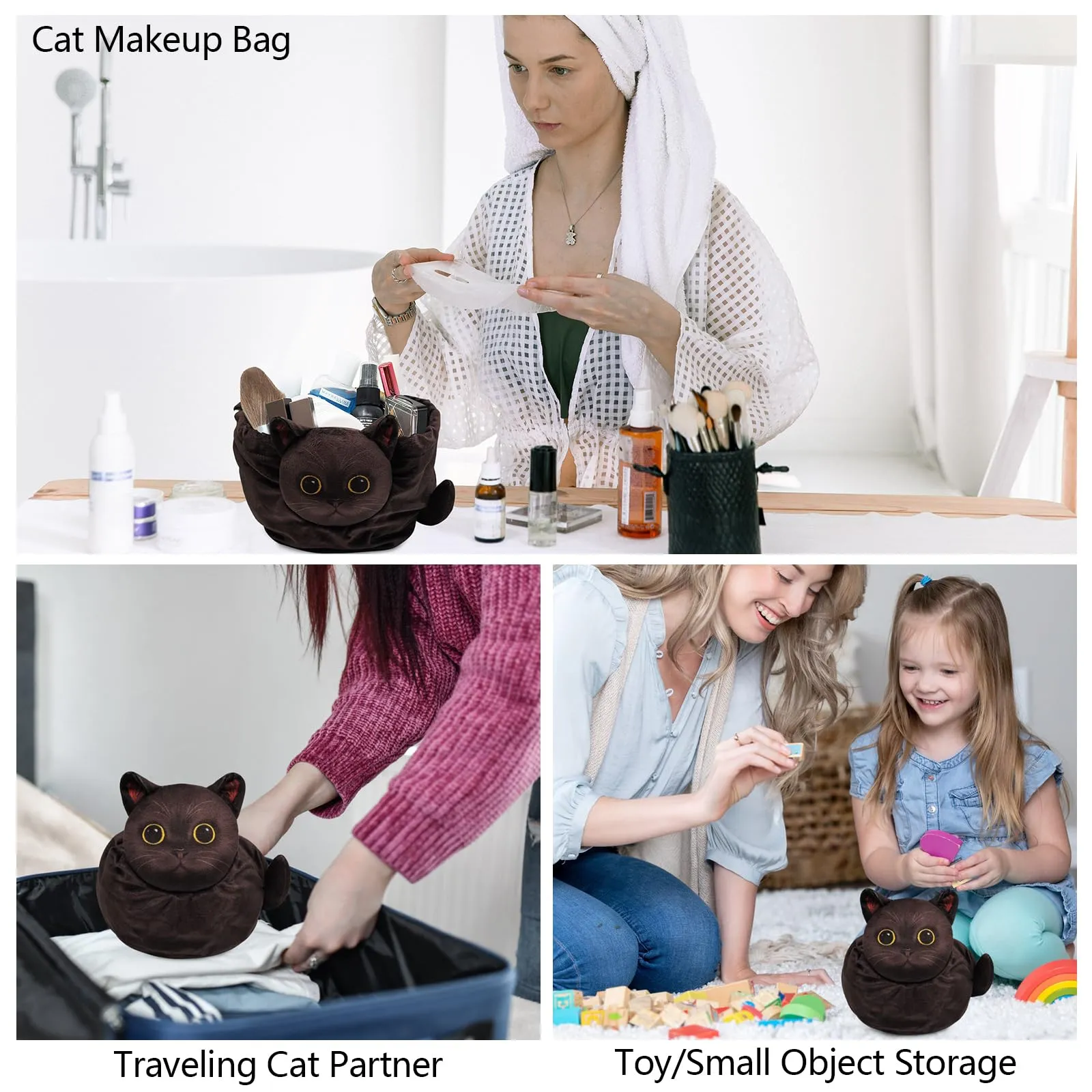 Openhahaha Drawstring Makeup Bag, Cat Makeup Bag, Travel Makeup Organizer, Cosmetic Pouch Bag, Cat Gift for Women, Lay Flat Makeup Bag Gifts for Cat Lovers(2-Pack)