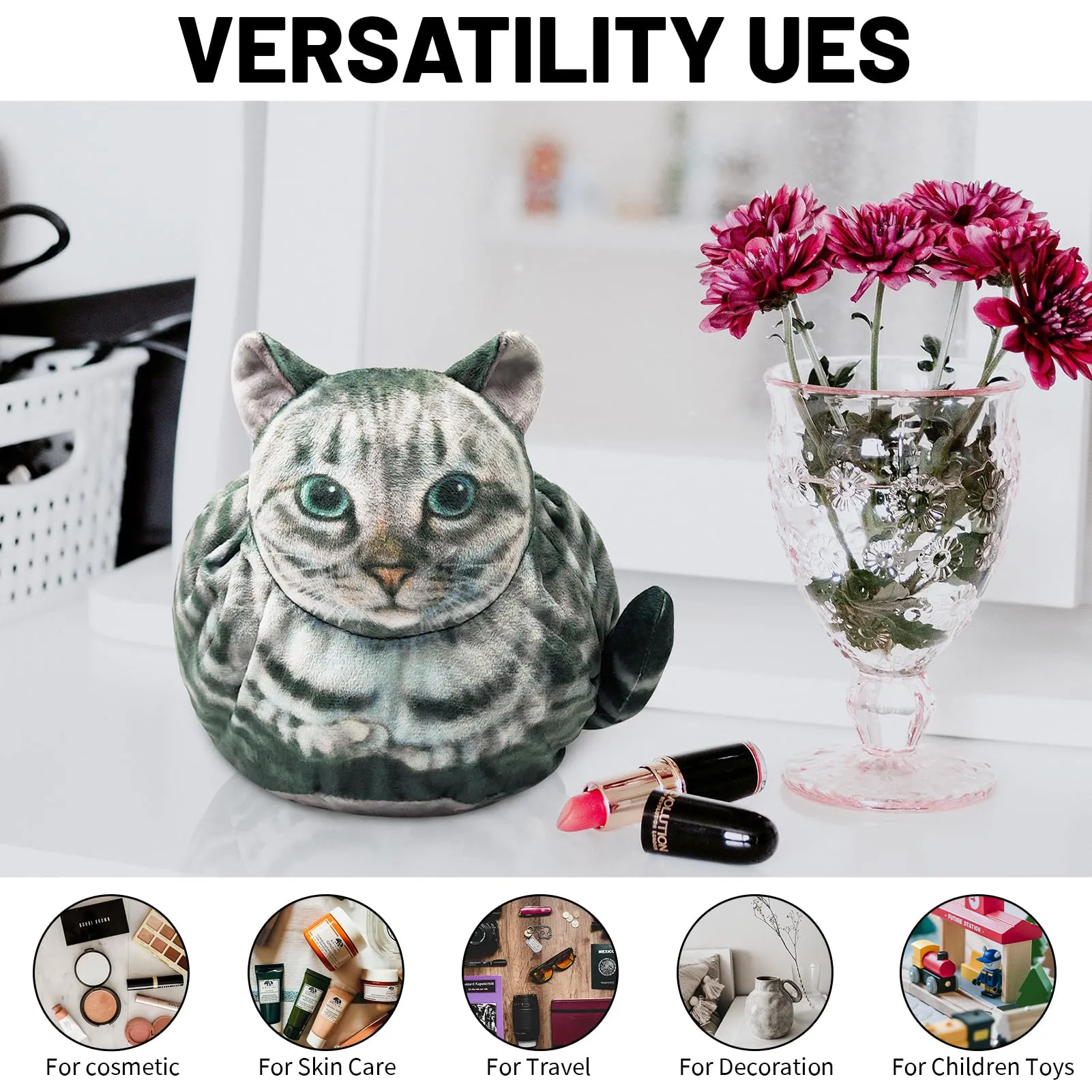Openhahaha Drawstring Makeup Bag, Cat Makeup Bag, Travel Makeup Organizer, Cosmetic Pouch Bag, Cat Gift for Women, Lay Flat Makeup Bag Gifts for Cat Lovers(2-pack)