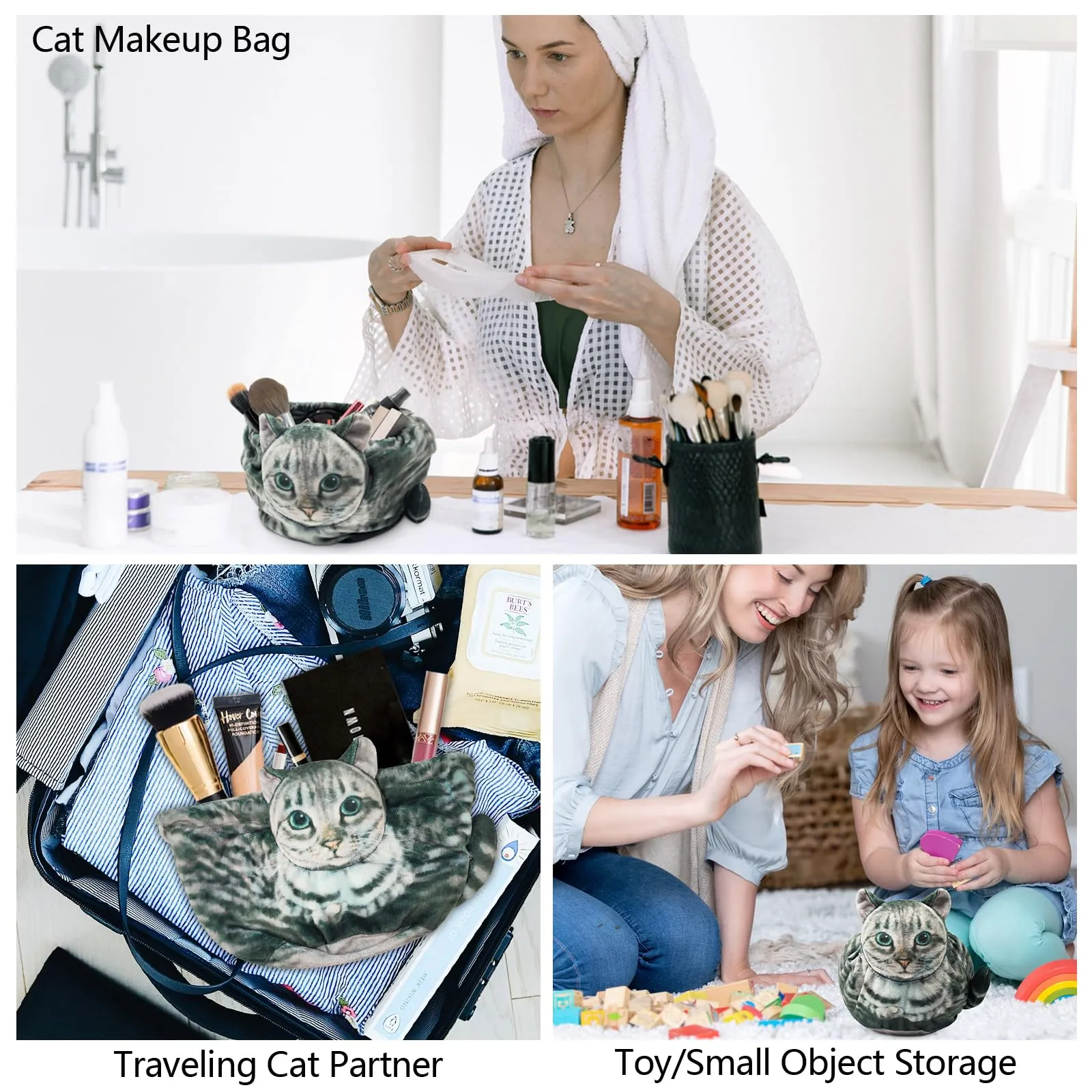 Openhahaha Drawstring Makeup Bag, Cat Makeup Bag, Travel Makeup Organizer, Cosmetic Pouch Bag, Cat Gift for Women, Lay Flat Makeup Bag Gifts for Cat Lovers(2-pack)