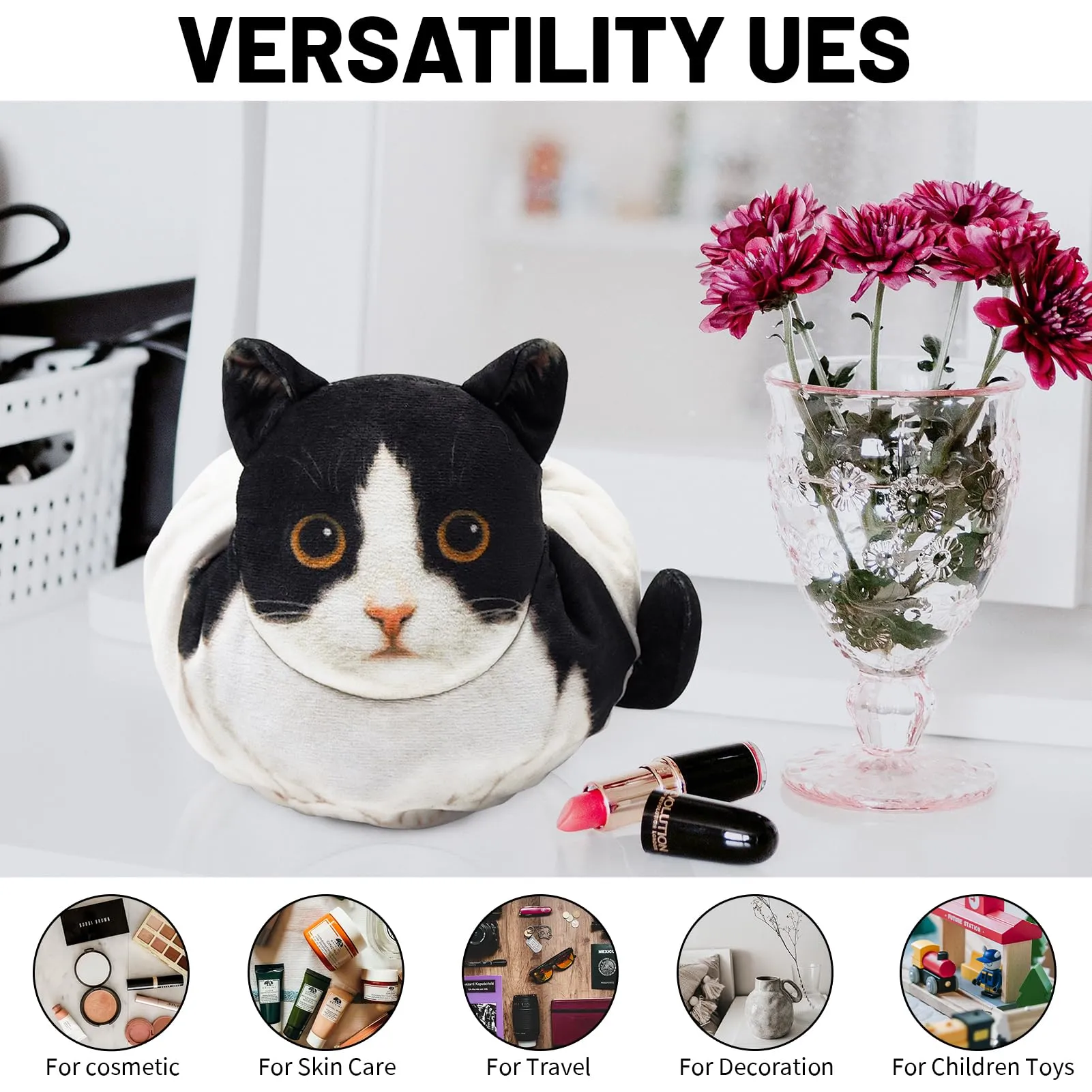 Openhahaha Drawstring Makeup Bag, Cat Makeup Bag, Travel Makeup Organizer, Cosmetic Pouch Bag, Cat Gift for Women, Lay Flat Makeup Bag Gifts for Cat Lovers(2-pack)