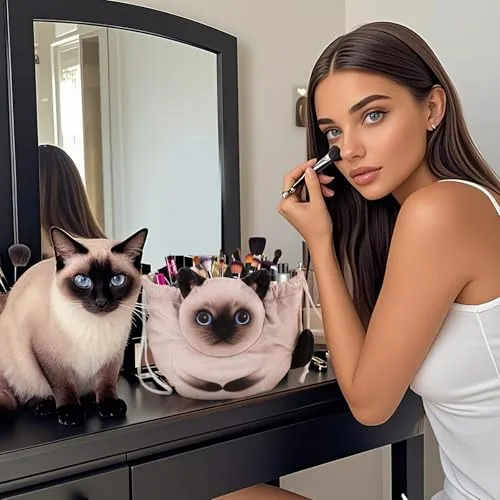 Openhahaha Drawstring Makeup Bag, Cat Makeup Bag, Travel Makeup Organizer, Cosmetic Pouch Bag, Cat Gift for Women, Lay Flat Makeup Bag Gifts for Cat Lovers