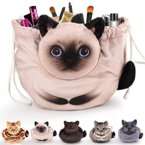 Openhahaha Drawstring Makeup Bag, Cat Makeup Bag, Travel Makeup Organizer, Cosmetic Pouch Bag, Cat Gift for Women, Lay Flat Makeup Bag Gifts for Cat Lovers