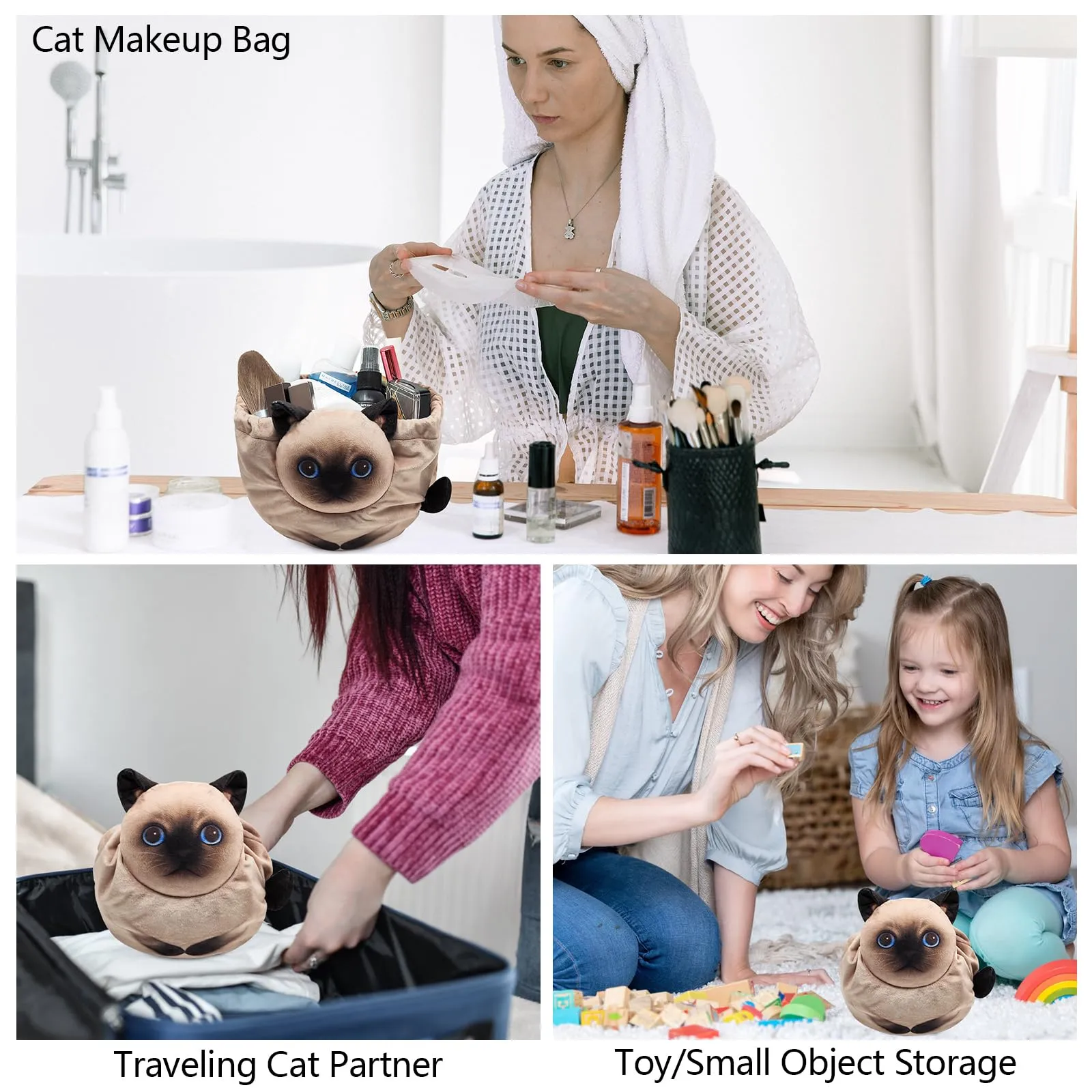 Openhahaha Drawstring Makeup Bag, Cat Makeup Bag, Travel Makeup Organizer, Cosmetic Pouch Bag, Cat Gift for Women, Lay Flat Makeup Bag Gifts for Cat Lovers