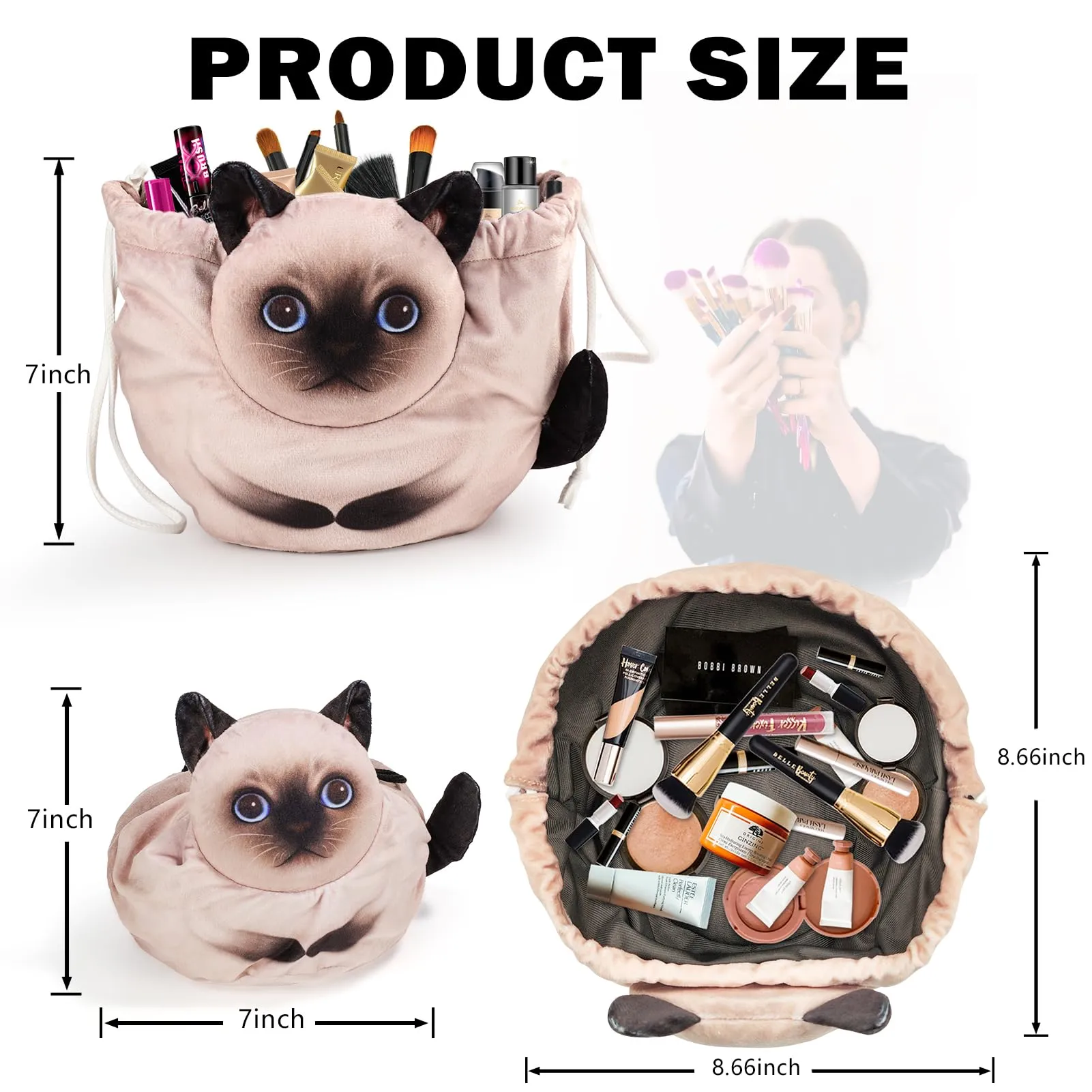 Openhahaha Drawstring Makeup Bag, Cat Makeup Bag, Travel Makeup Organizer, Cosmetic Pouch Bag, Cat Gift for Women, Lay Flat Makeup Bag Gifts for Cat Lovers
