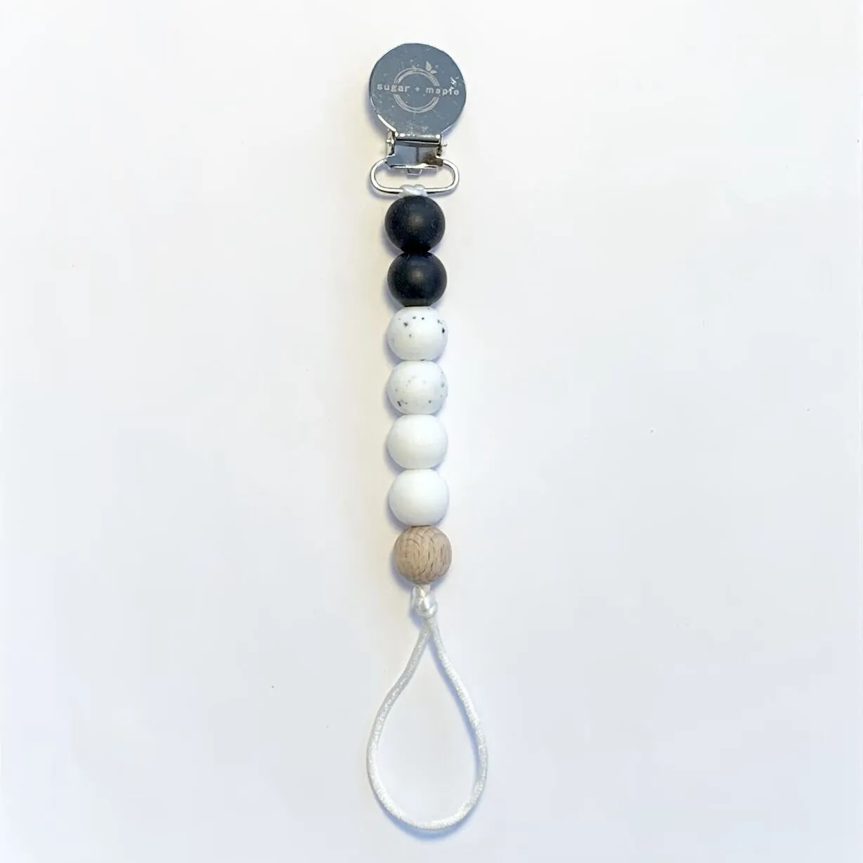 Pacifier   Teether Clip- Silicone with 1 Beechwood Bead - Black, Granite, White