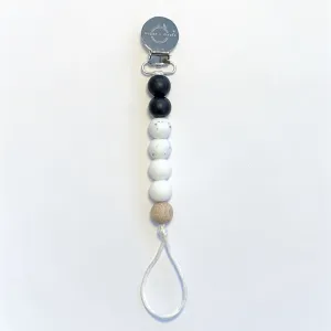 Pacifier   Teether Clip- Silicone with 1 Beechwood Bead - Black, Granite, White