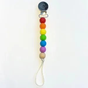 Pacifier   Teether Clip- Silicone with 1 Beechwood Bead - Rainbow Primary