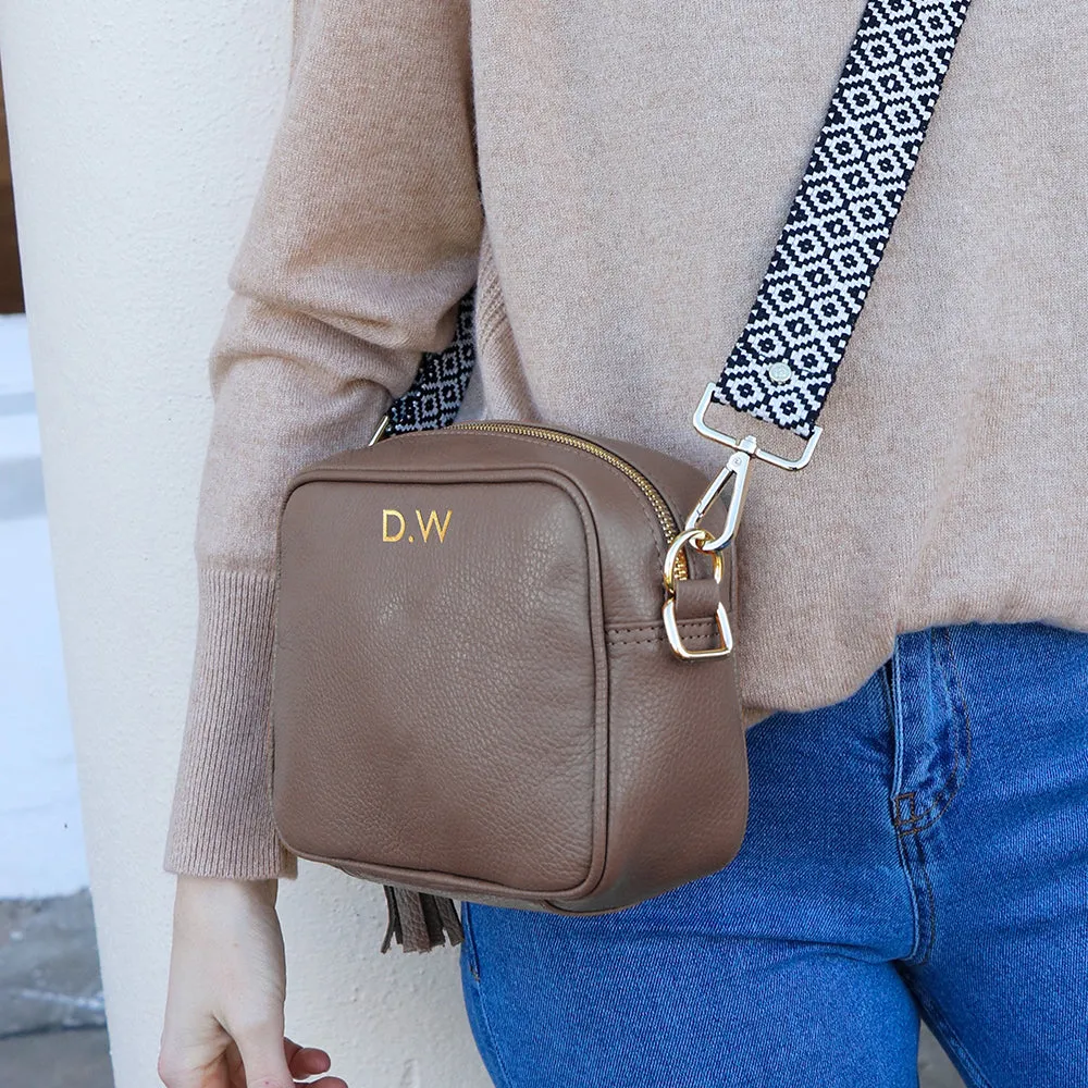 Personalised Elie Beaumont Cross Body Grey Leather Bag with Choice of Strap