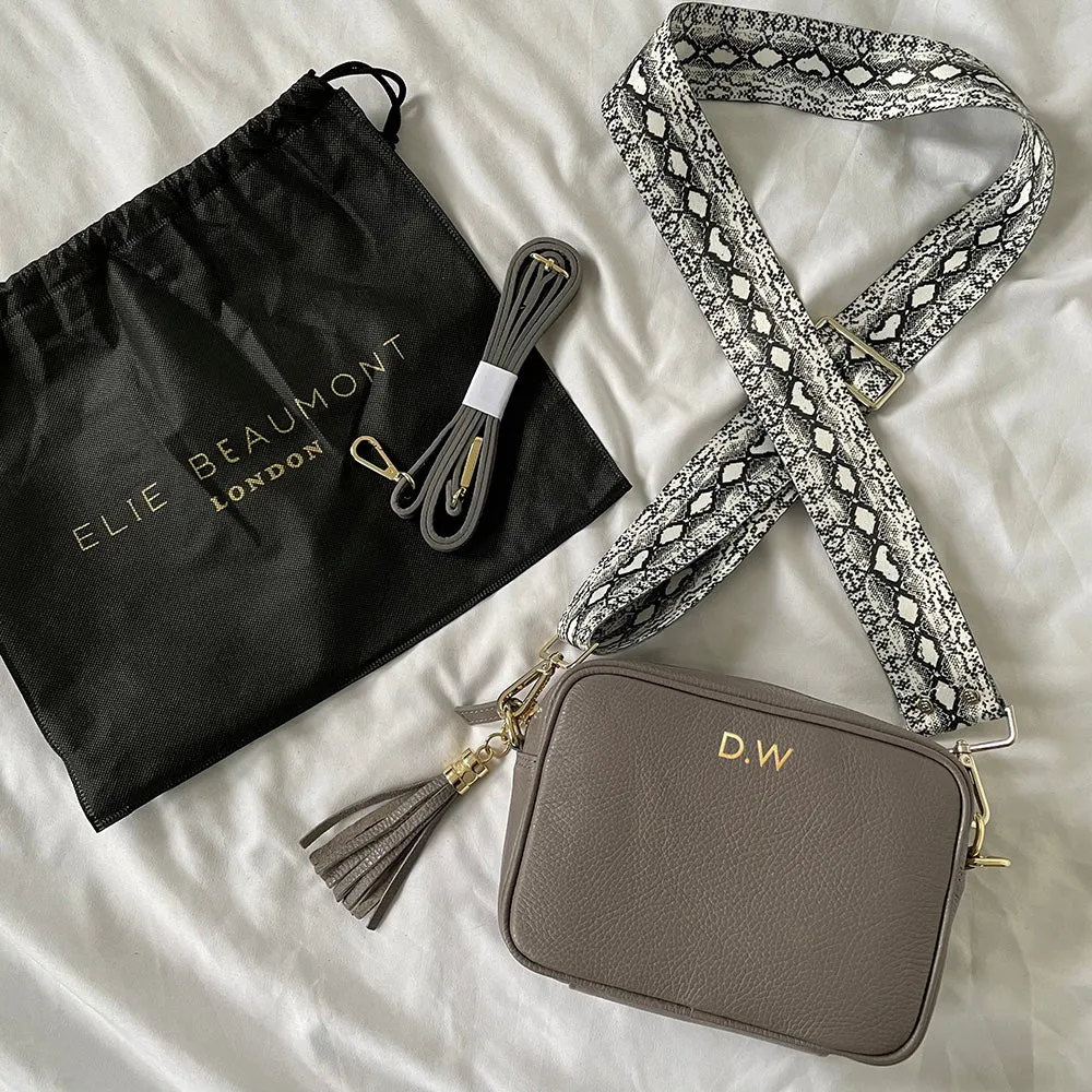 Personalised Elie Beaumont Cross Body Grey Leather Bag with Choice of Strap