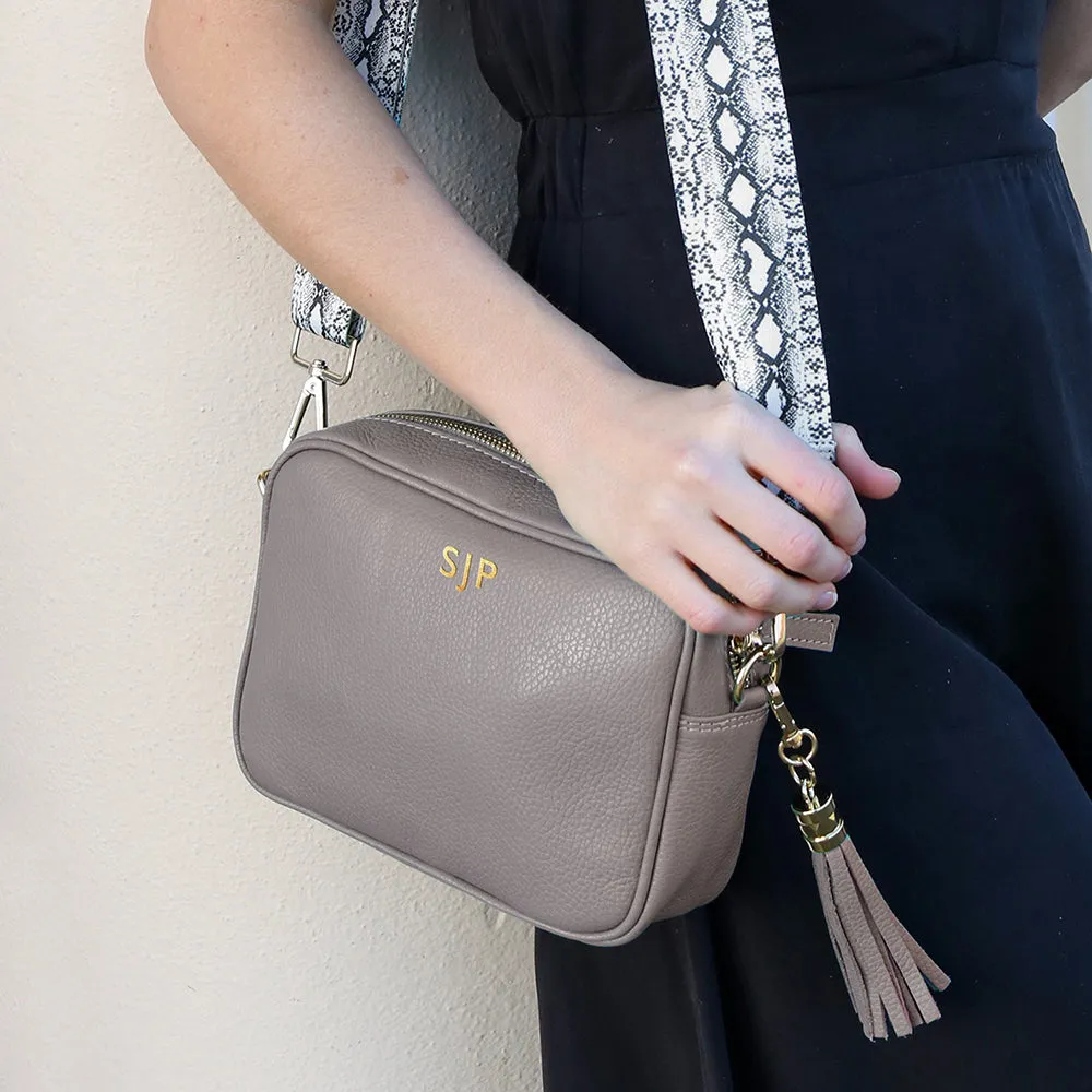 Personalised Elie Beaumont Cross Body Grey Leather Bag with Choice of Strap