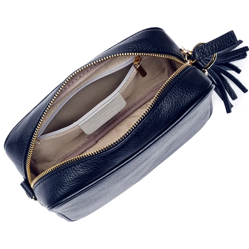 Personalised Elie Beaumont Cross Body Navy Leather Bag with Choice of Strap