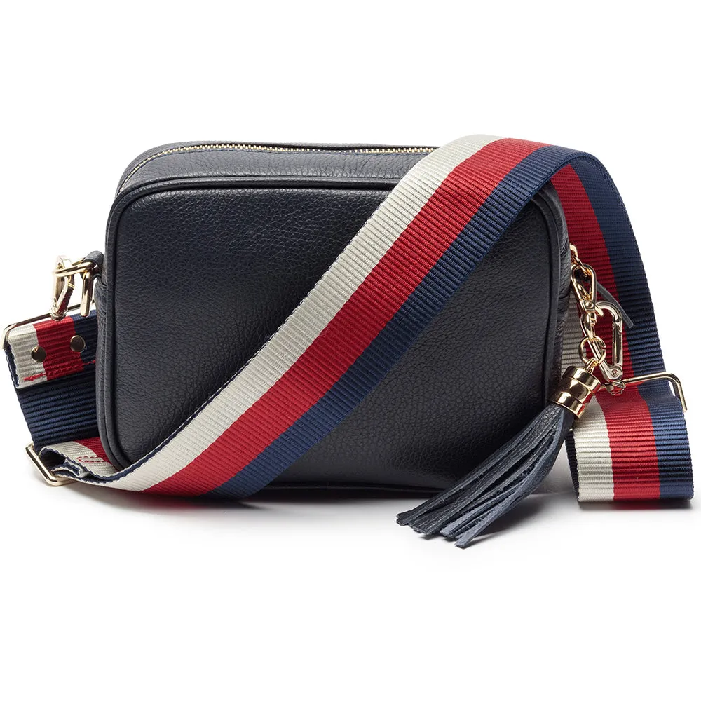 Personalised Elie Beaumont Cross Body Navy Leather Bag with Choice of Strap