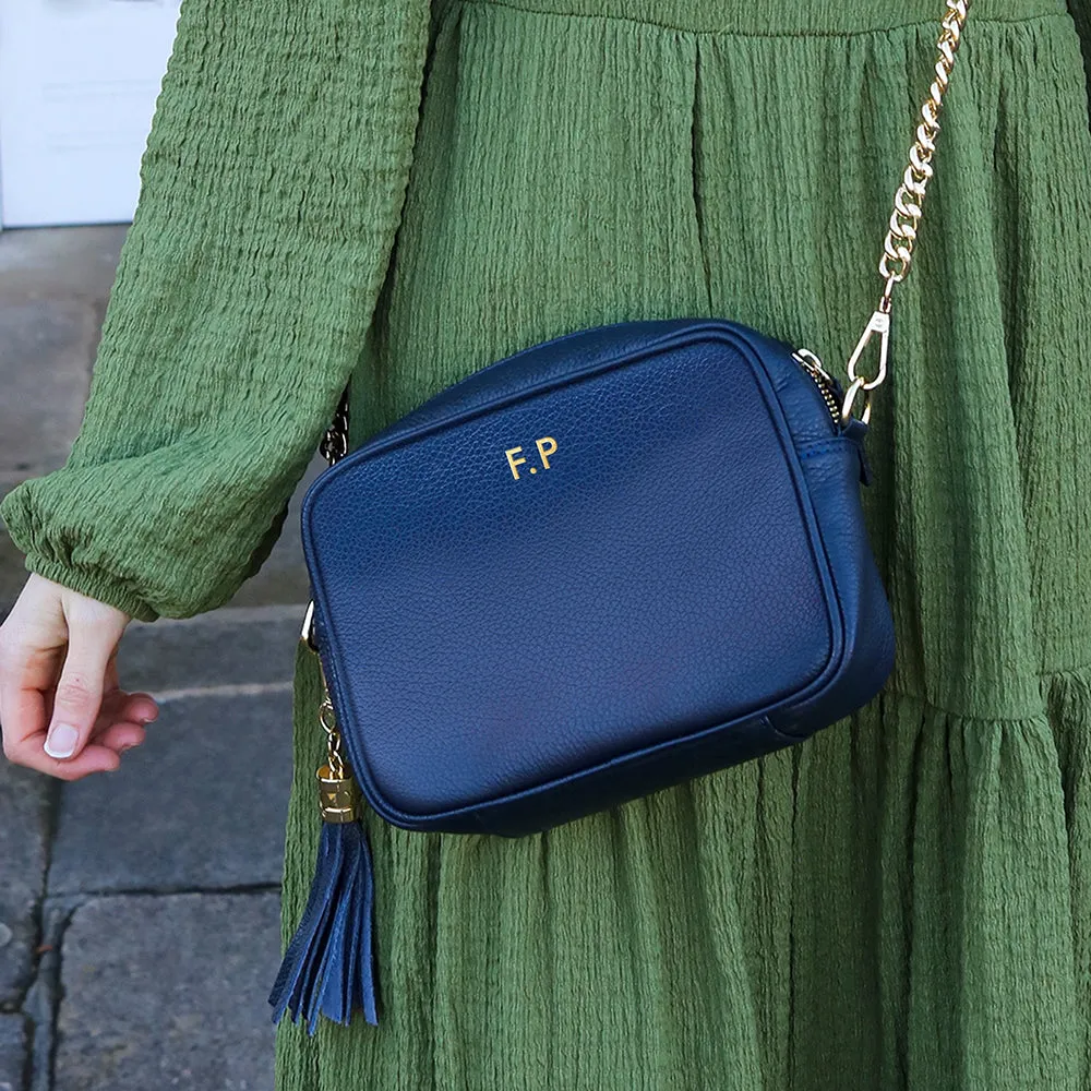 Personalised Elie Beaumont Cross Body Navy Leather Bag with Choice of Strap