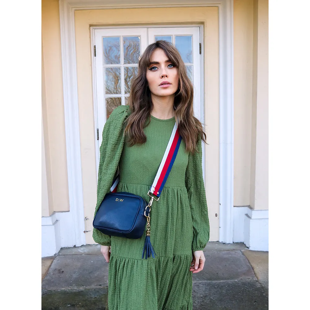 Personalised Elie Beaumont Cross Body Navy Leather Bag with Choice of Strap