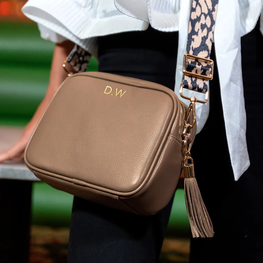 Personalised Elie Beaumont Cross Body Taupe Leather Bag with Choice of Strap