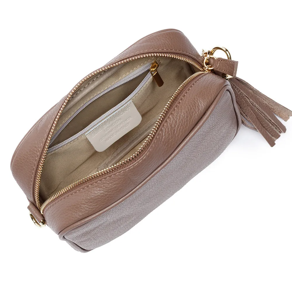 Personalised Elie Beaumont Cross Body Taupe Leather Bag with Choice of Strap