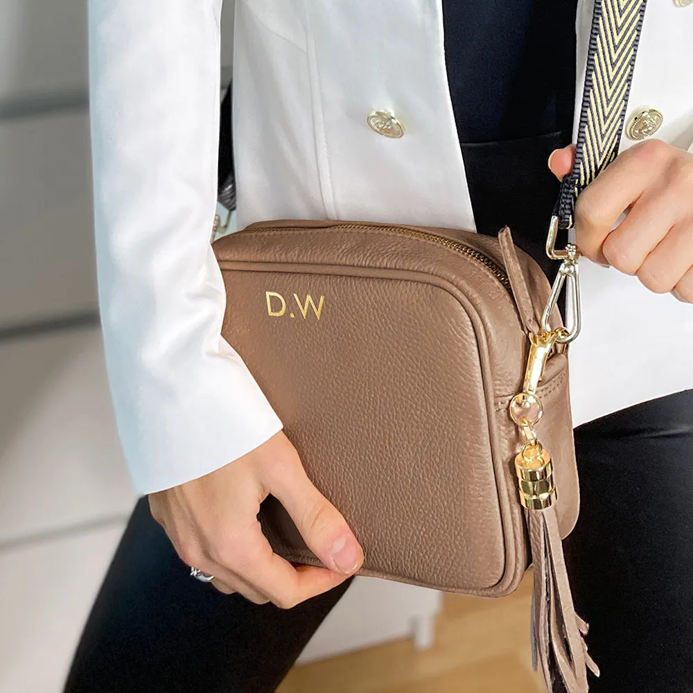 Personalised Elie Beaumont Cross Body Taupe Leather Bag with Choice of Strap