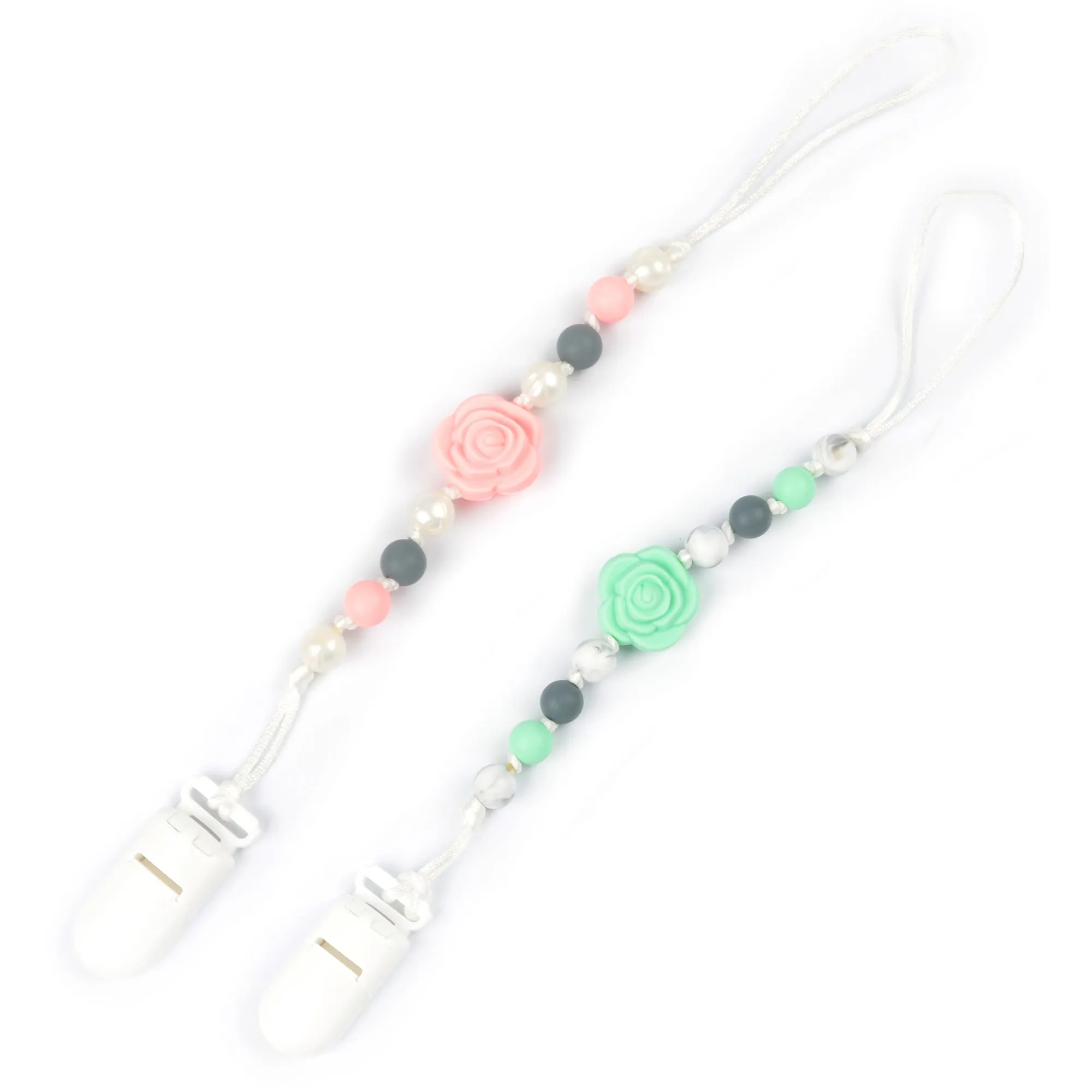 Pink & Mint Roses Pacifier Clip 2pk